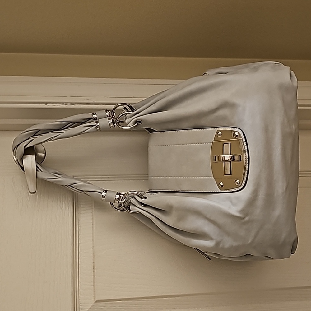 Charming Charlie Taupe Gray Braided Handle Flap Hobo Shoulder Bag Handbag
